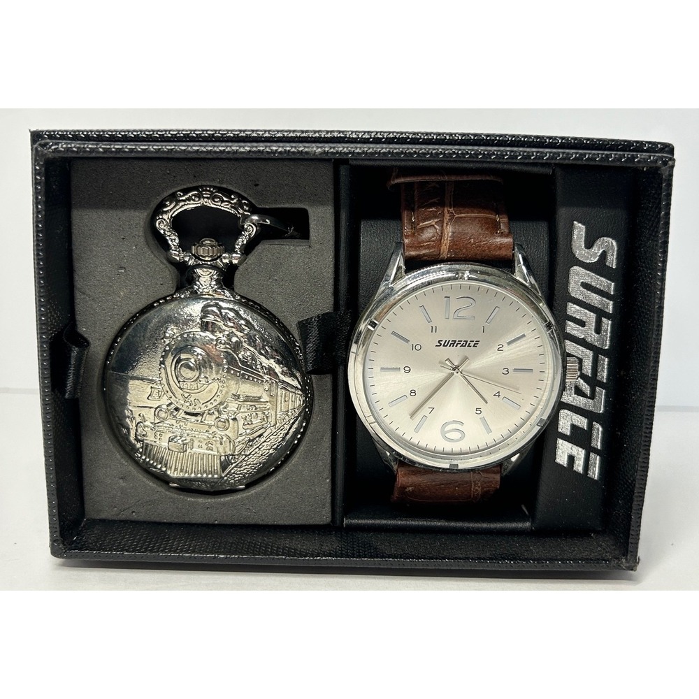 Surface Watch and Pocket Watch Set Train Design Brown‎ Band Silver Tone Dad New